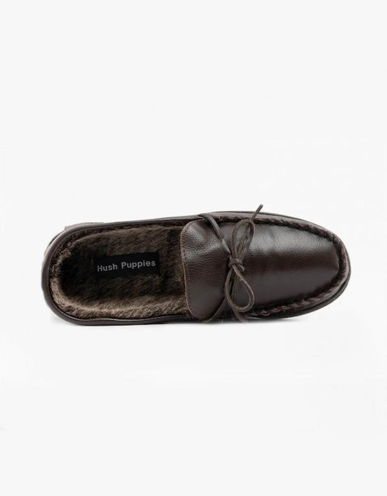 ACE Mens Leather Mocassin Slippers Brown