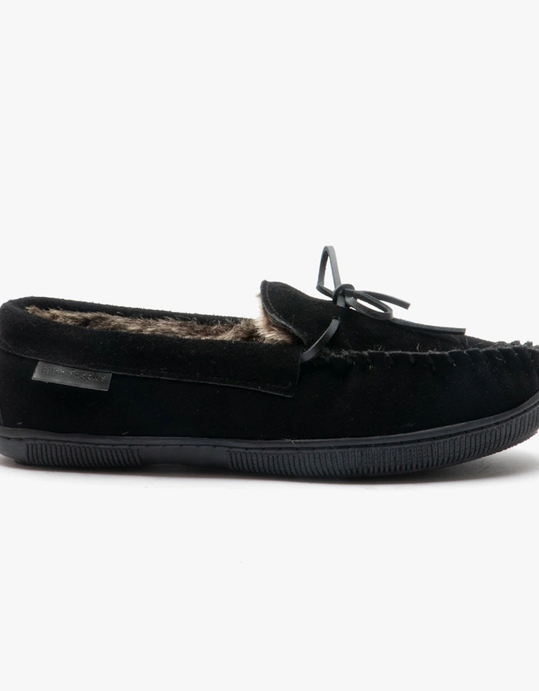 ACE Mens Suede Moccasin Slippers Black