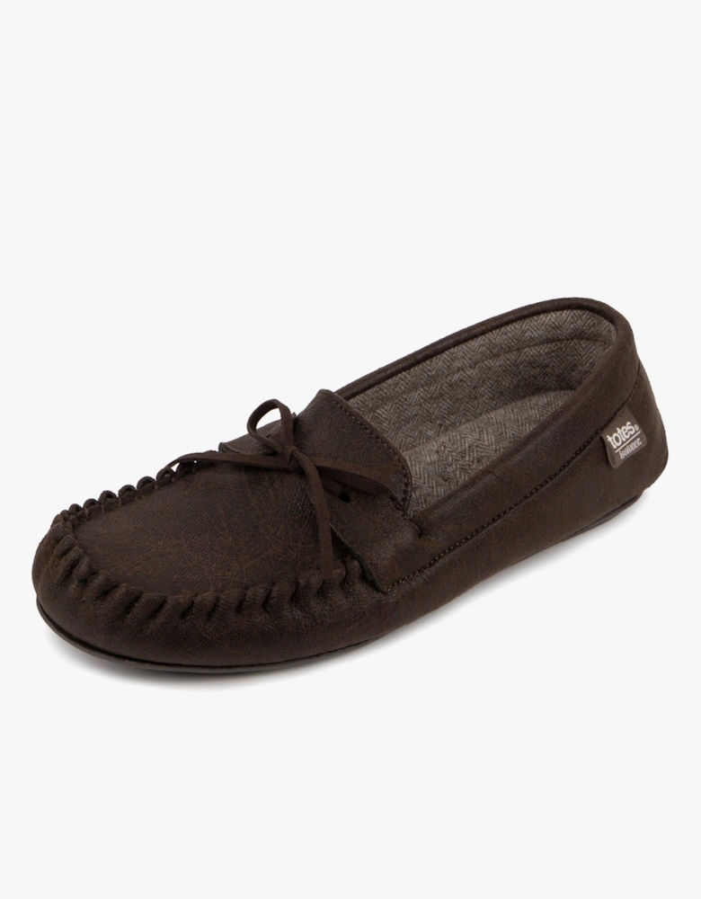 Isotoner DISTRESSED HERRINGBONE Mens Moccasin Slippers Brown