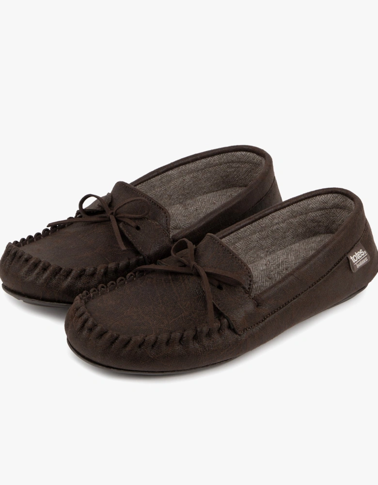 Isotoner DISTRESSED HERRINGBONE Mens Moccasin Slippers Brown