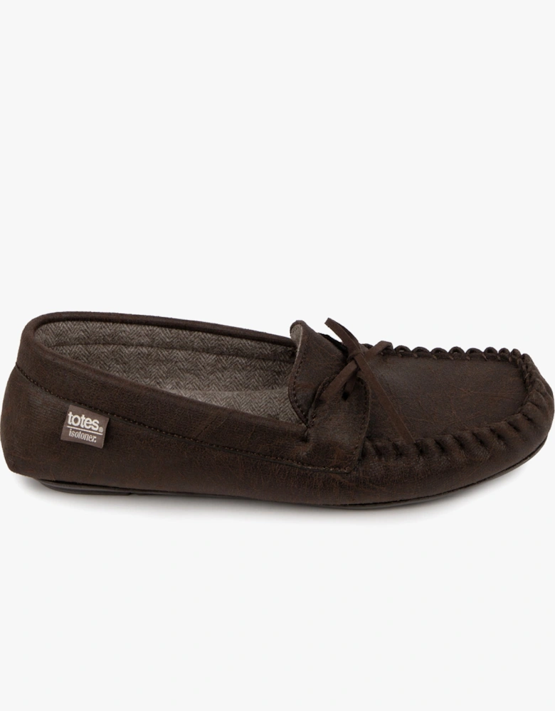 Isotoner DISTRESSED HERRINGBONE Mens Moccasin Slippers Brown