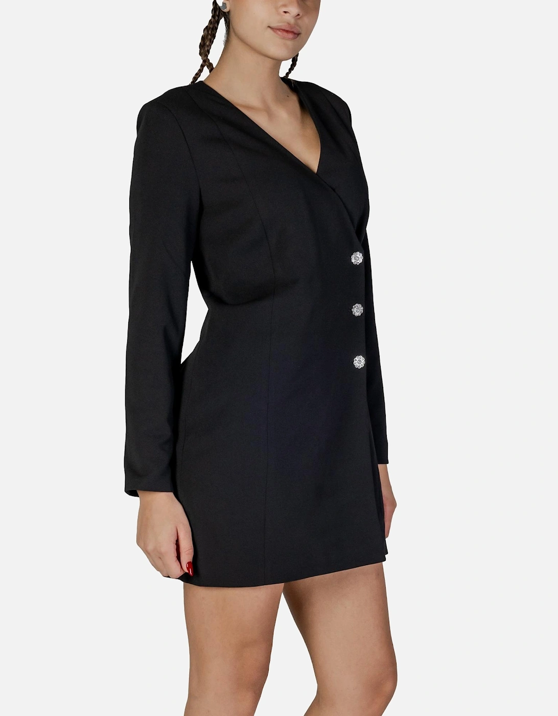 Low-Cut V-Neck Buttoned Long Sleeve Dress Women - Black Dresses