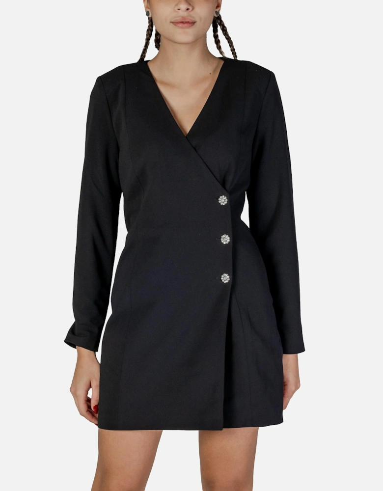Low-Cut V-Neck Buttoned Long Sleeve Dress Women - Black Dresses