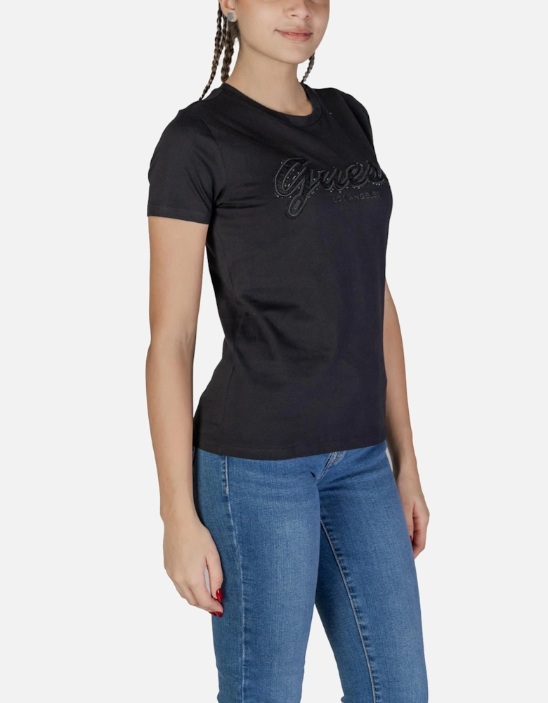 Short Sleeve Round Neck Cotton T-Shirt Women - Black Shirts