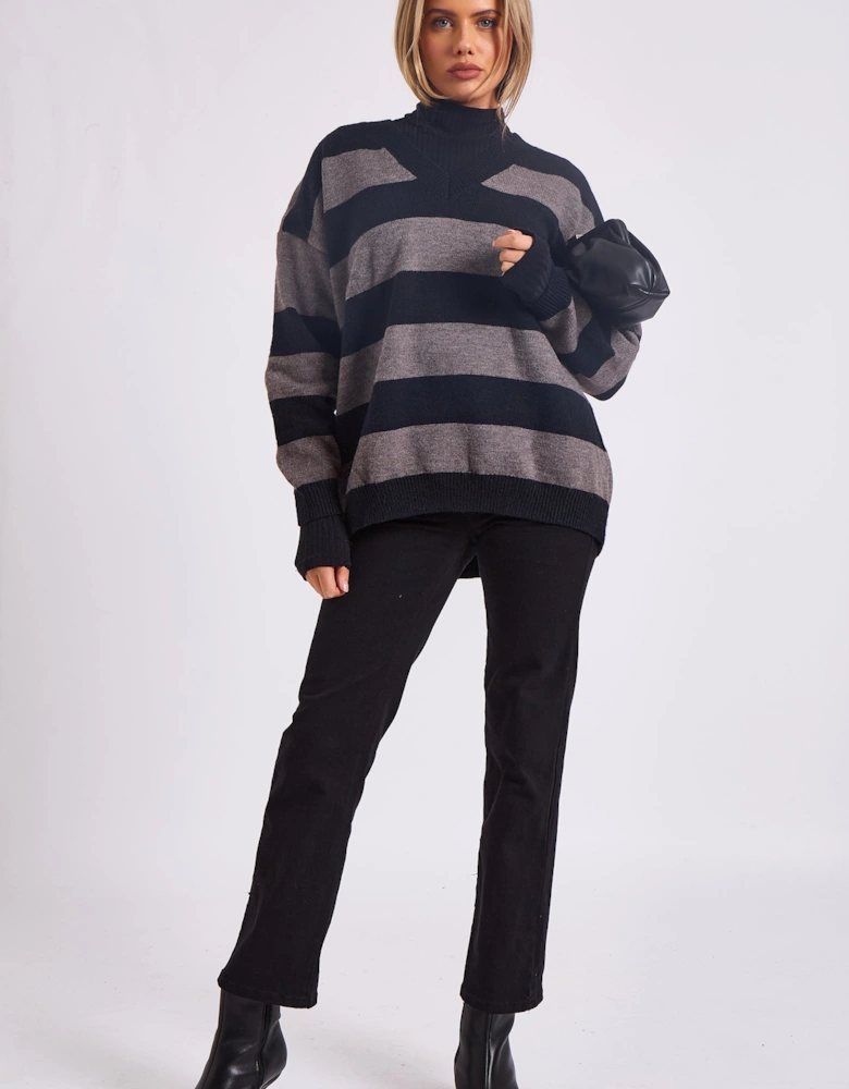 Grey Wide Stripe Oversized Jumper