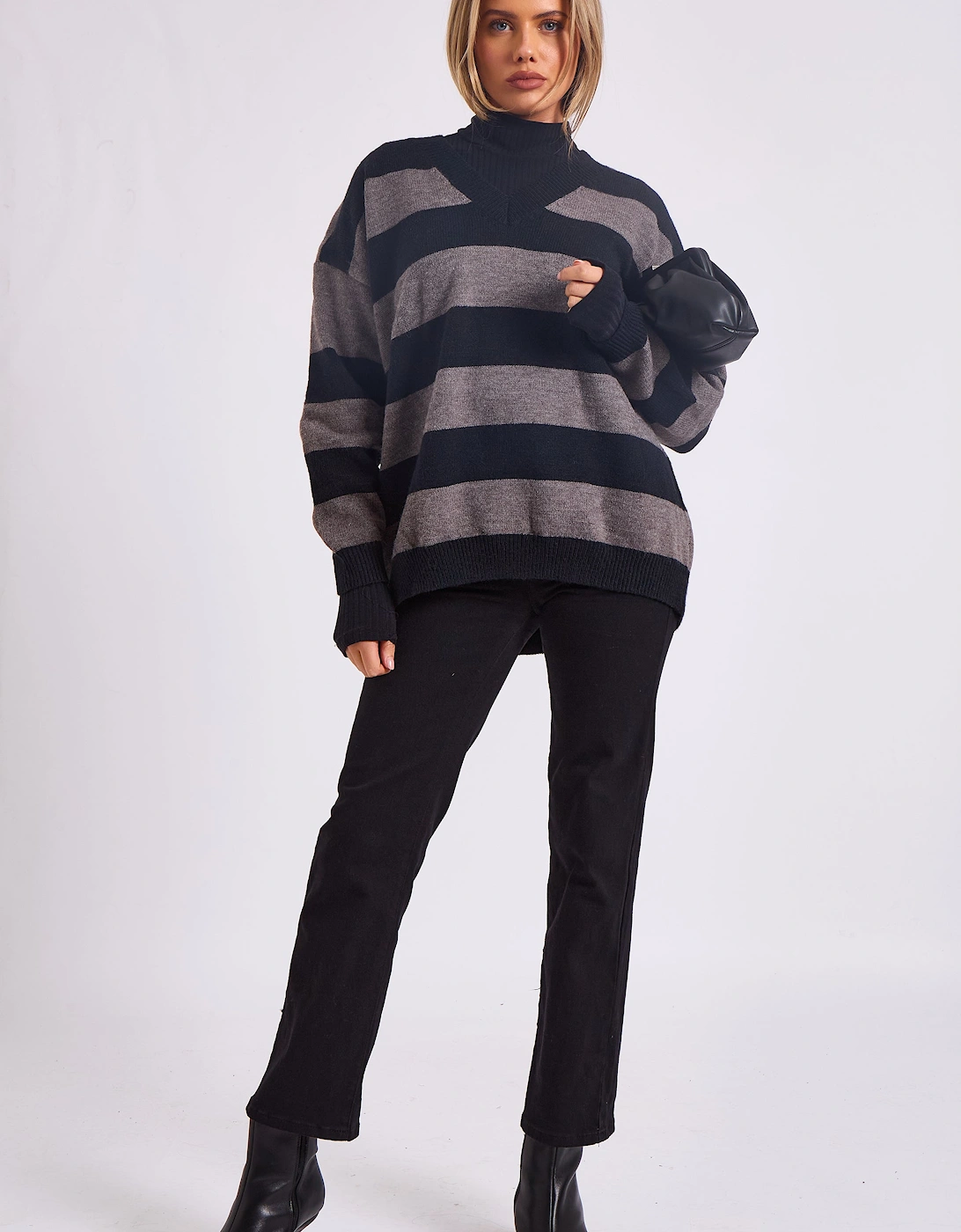 Grey Wide Stripe Oversized Jumper