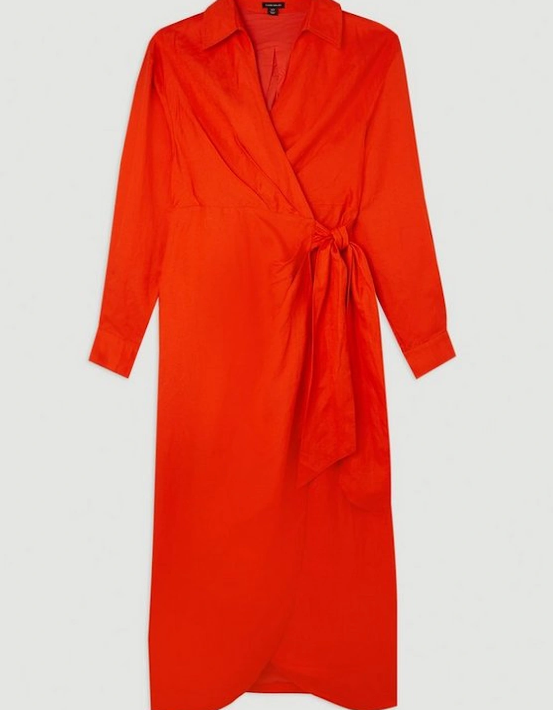 Viscose Linen Woven Tie Wrap Midi Shirt Dress