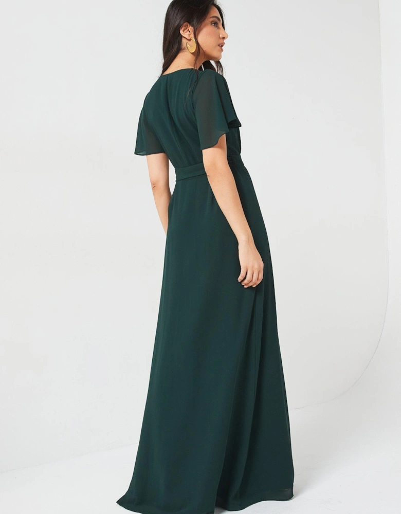 Flutter Sleeve Wrap Tie Chiffon Bridesmaid Dress - Emerald - Green