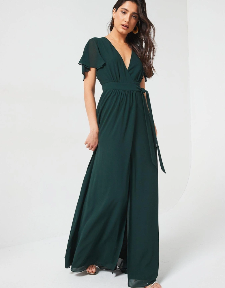 Flutter Sleeve Wrap Tie Chiffon Bridesmaid Dress - Emerald - Green