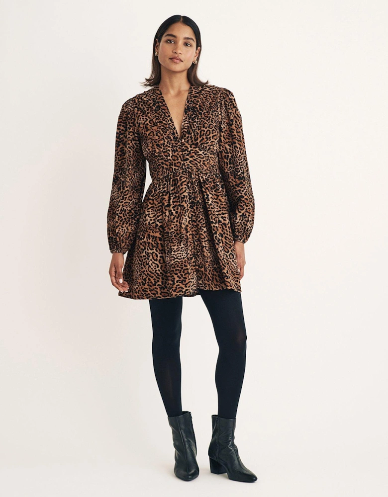 Leopard Print Button Down V Neck Cord Mini Dress - Multi