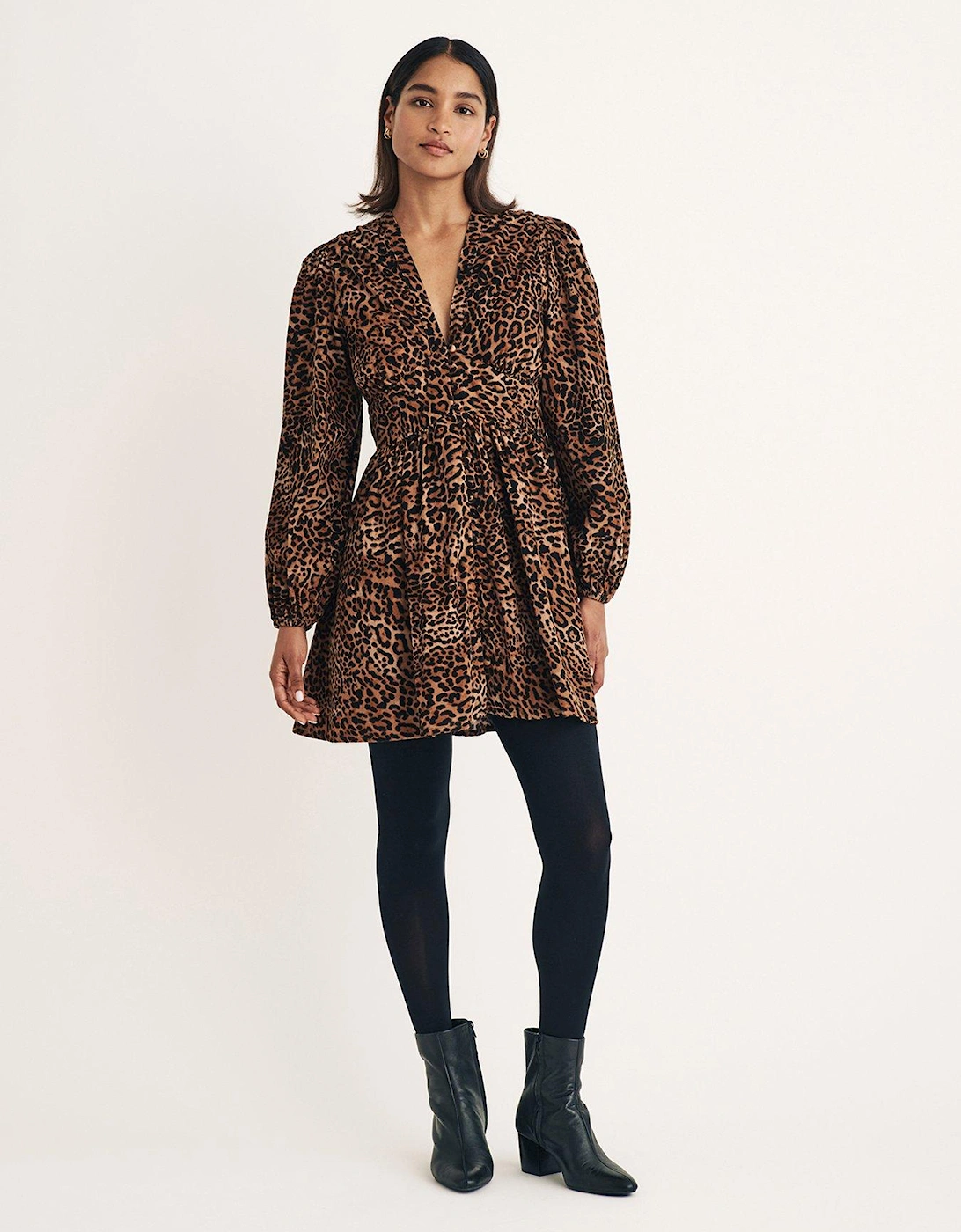 Leopard Print Button Down V Neck Cord Mini Dress - Multi