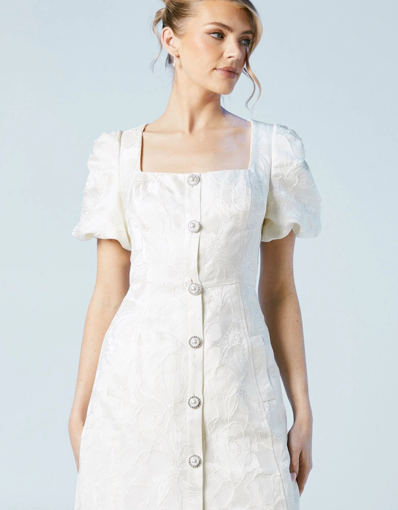 Puff Sleeve Jewel Button Bridal Mini Dress