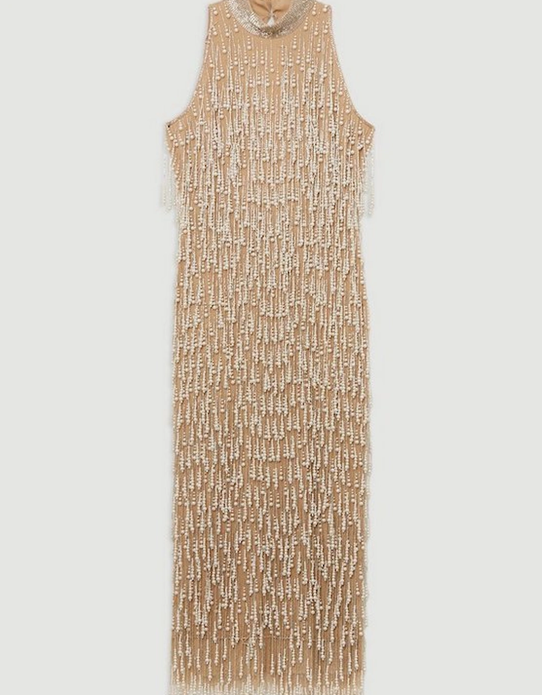 Pearl Tassel Embellished Halter Neck Woven Midi Dress