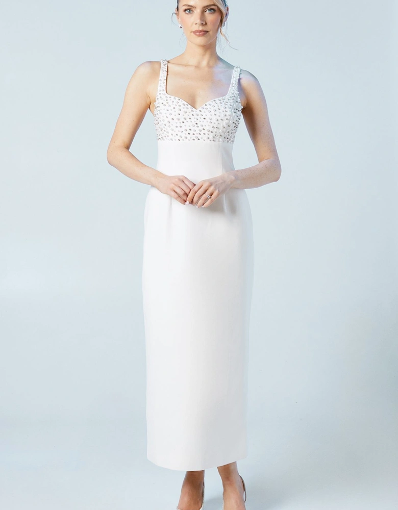 Premium Tailored Pearl And Diamante Sweetheart Crepe Midi Dress