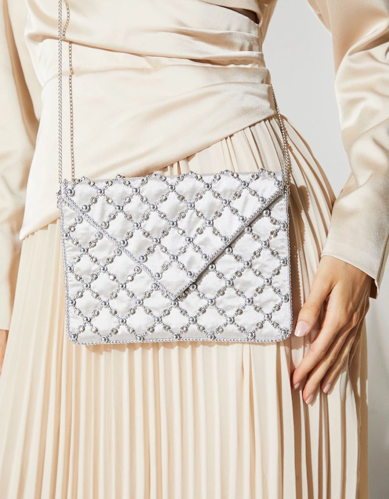 Satin Beaded Envelope Clutch Bag With Shoulder Strap