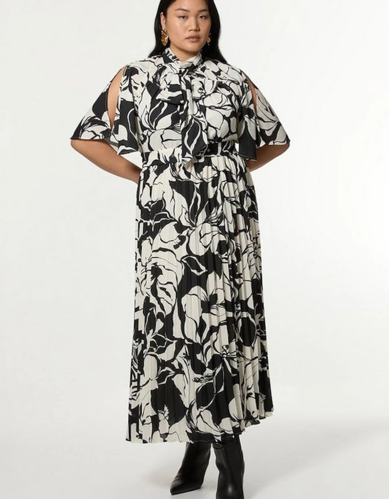 Plus Size Georgette Tie Neck Pleated Woven Maxi Dress