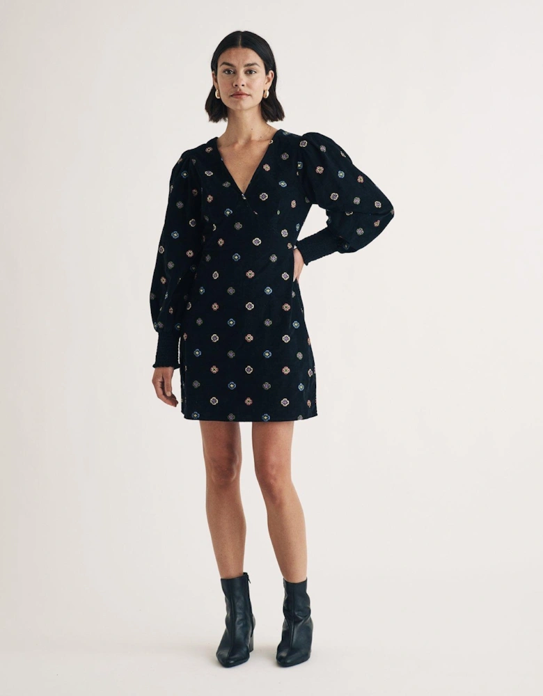 Embroidered Long Sleeve Cord Mini Dress - Black