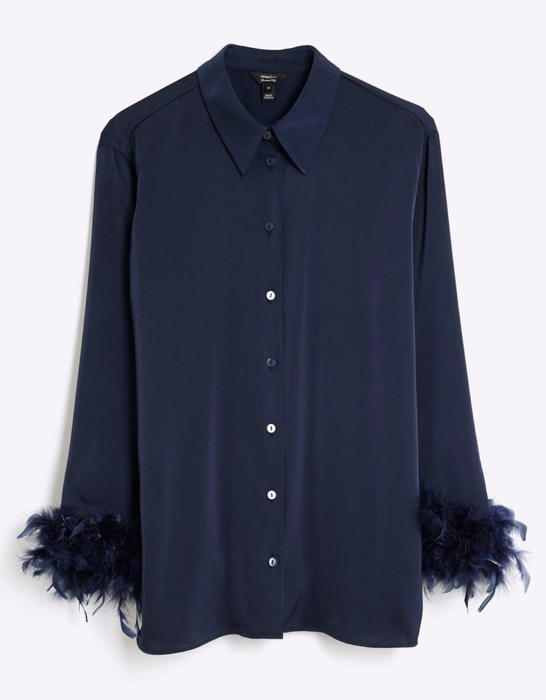 Feather Cuff Oversized Shirt - Navy