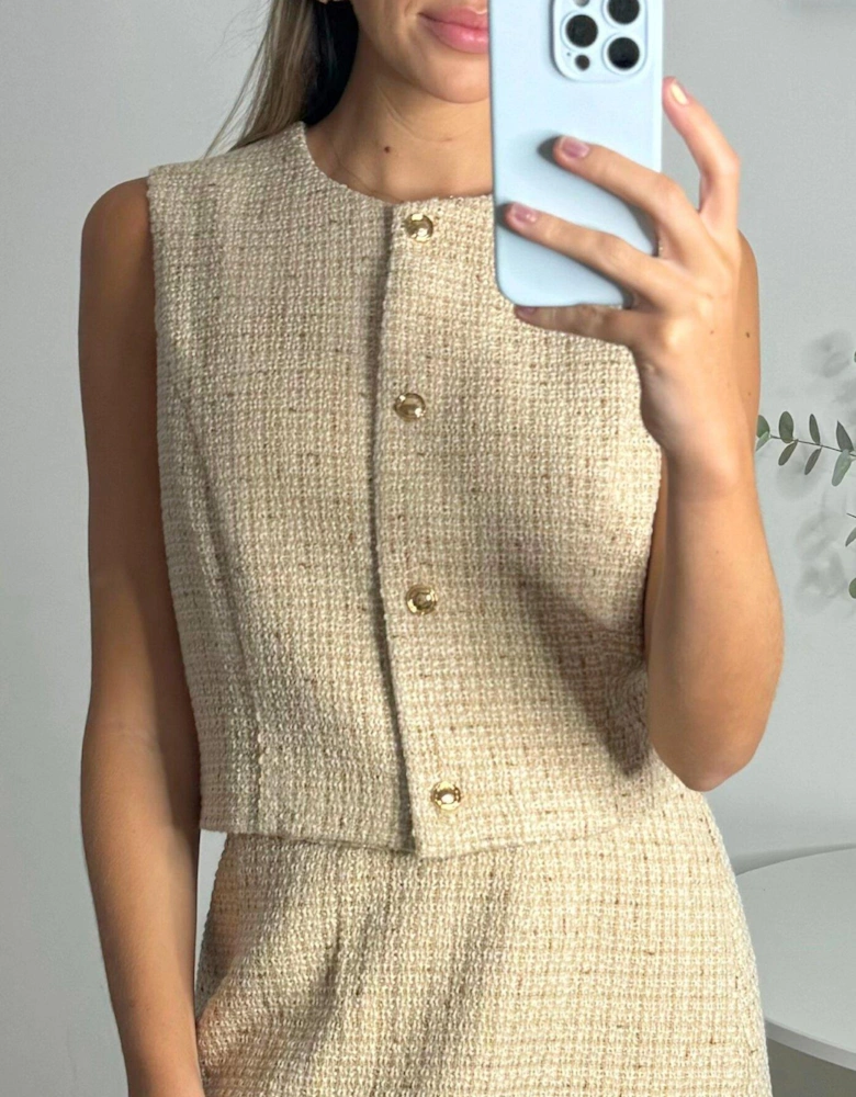 Textured Sleeveless Jacket - Beige