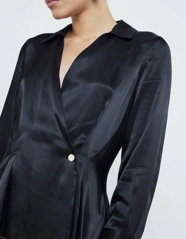 Button Detail Wrap Satin Blouse - Black