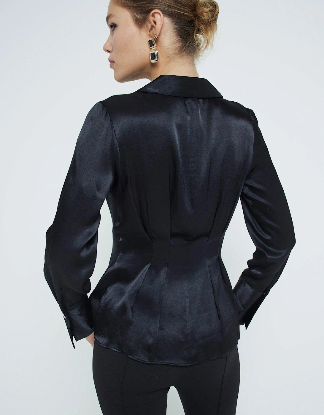 Button Detail Wrap Satin Blouse - Black