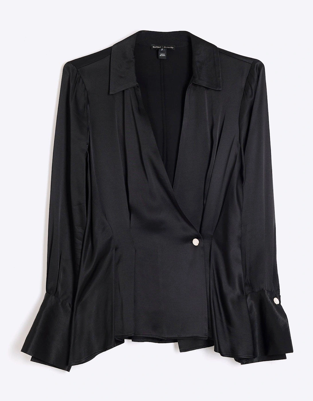 Button Detail Wrap Satin Blouse - Black