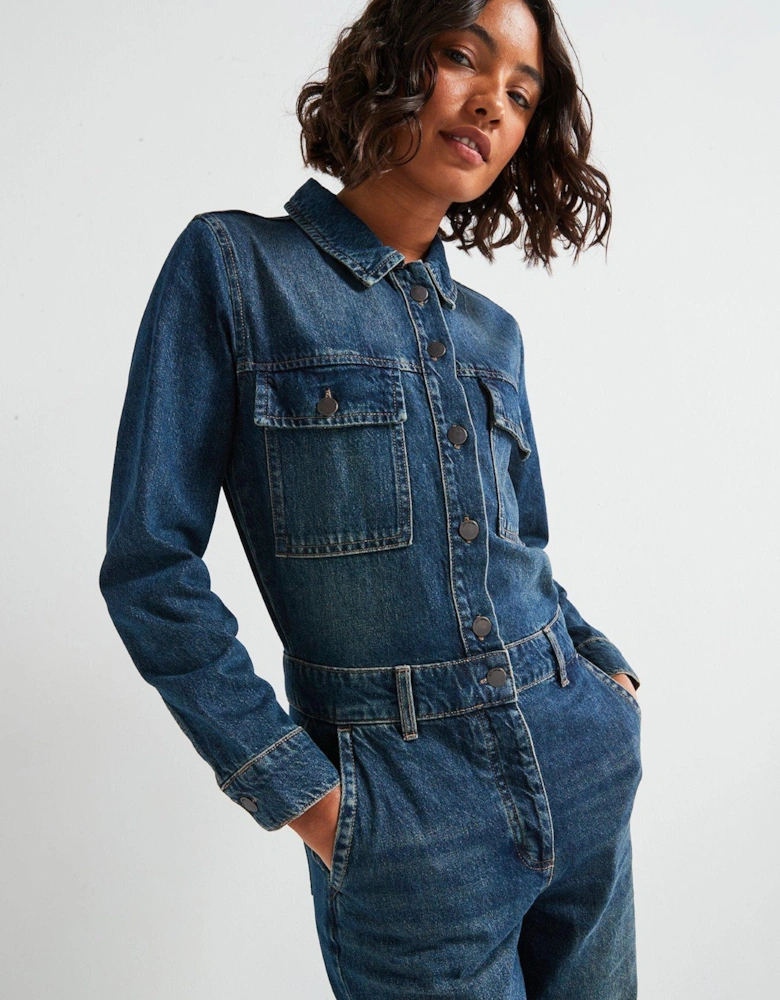 Long Sleeve Denim Jumpsuit - Dark Blue