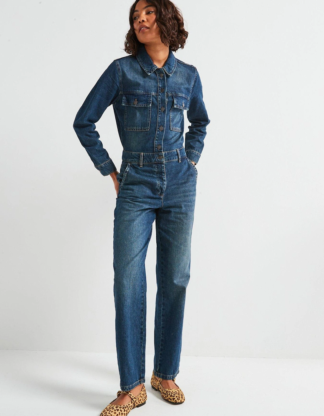 Long Sleeve Denim Jumpsuit - Dark Blue