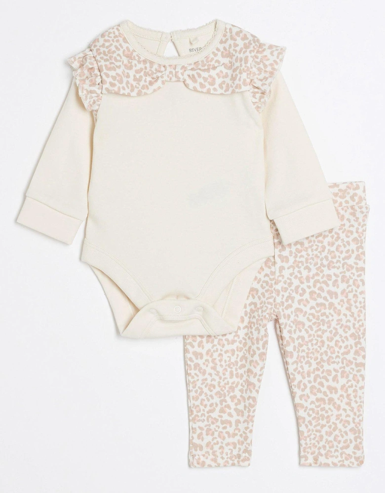 Baby Girls Leopard Bow Babygrow Set - Cream