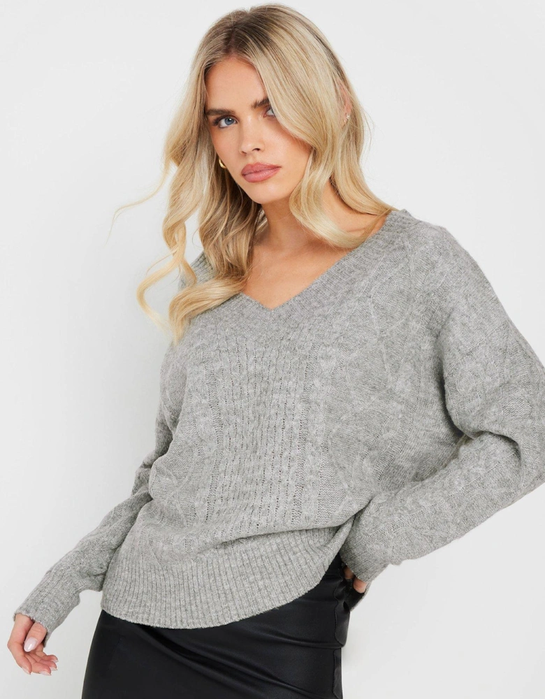 Petite Double V Neck Jumper - Grey