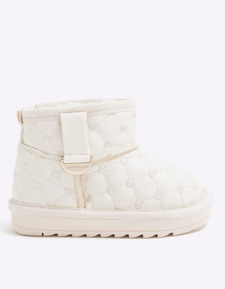 Girls Heart Quilt Fur Lined Boots - Cream