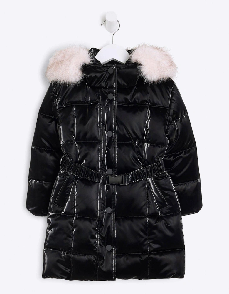 Mini Girls Faux Fur Puffer Jacket - Black