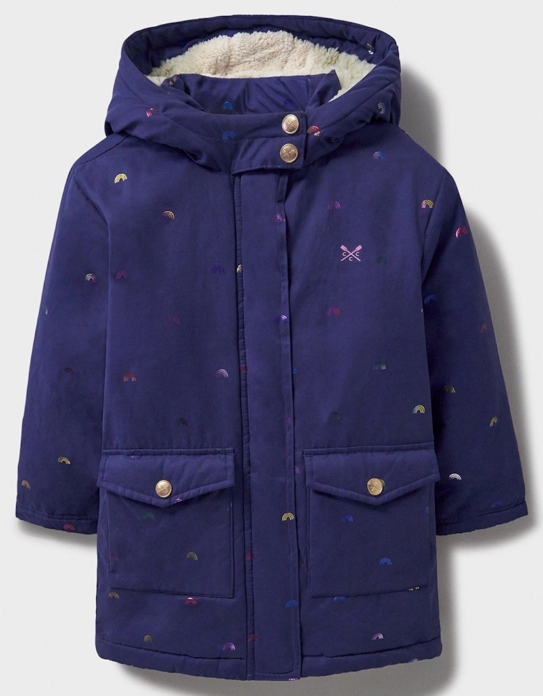 Girls Mid Weight Printed Padded Jacket - Navy