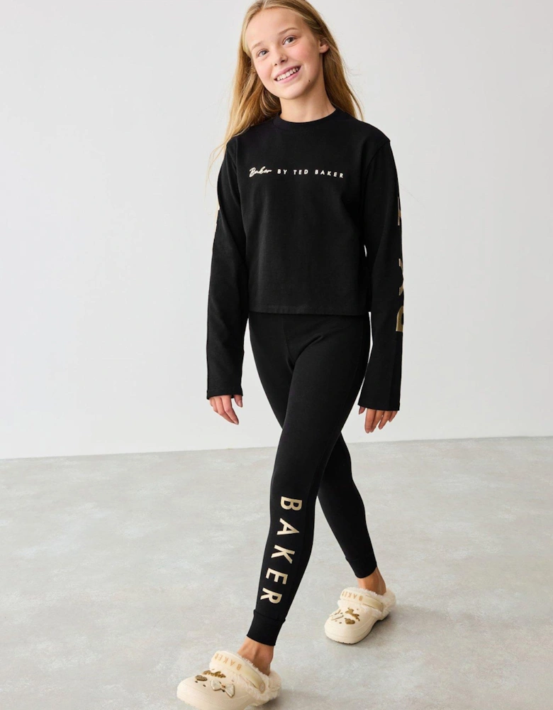 Girls Logo Back Print Pj Set - Black