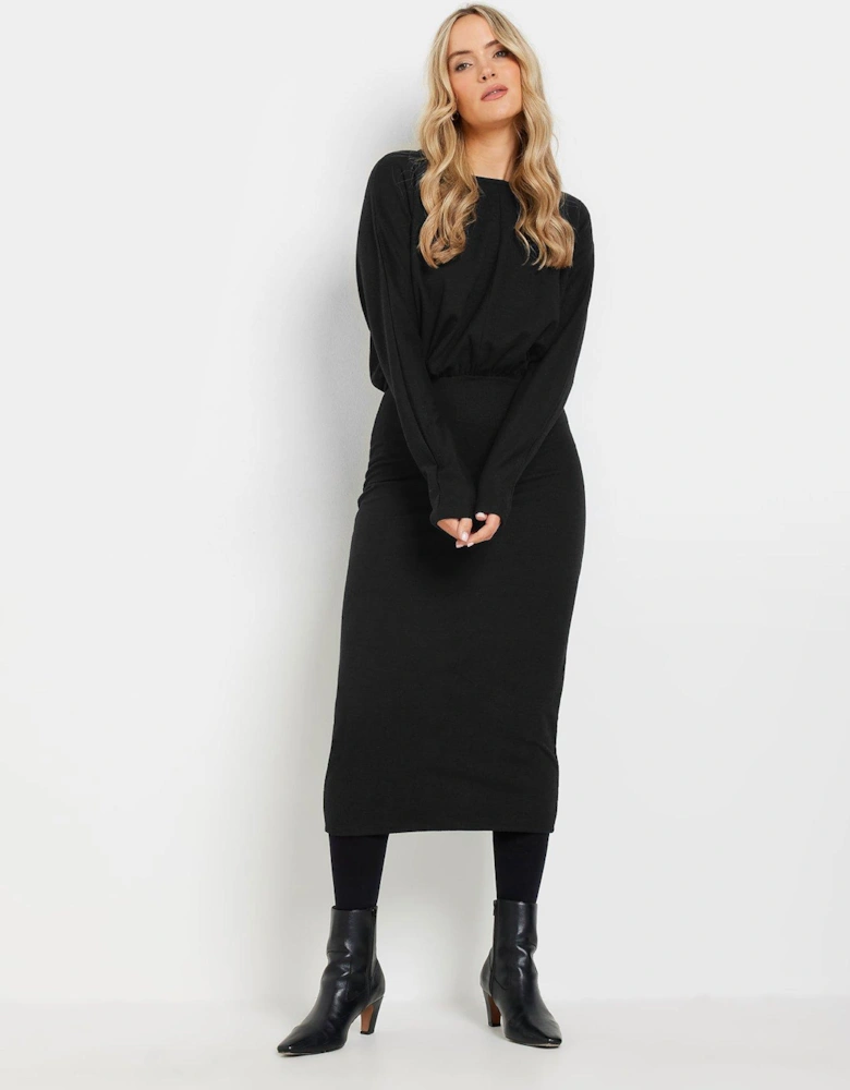 Tall Textured Batwing Midi Dress - Black