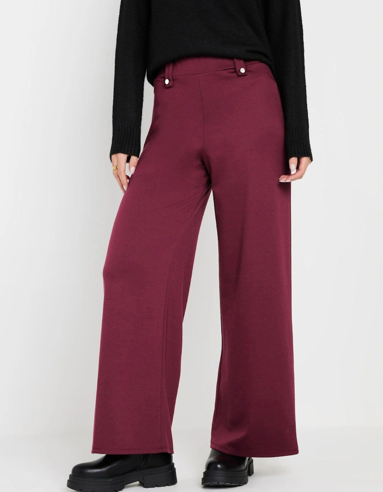 Petite Button Tab Ponte Wide Leg Trousers - Red