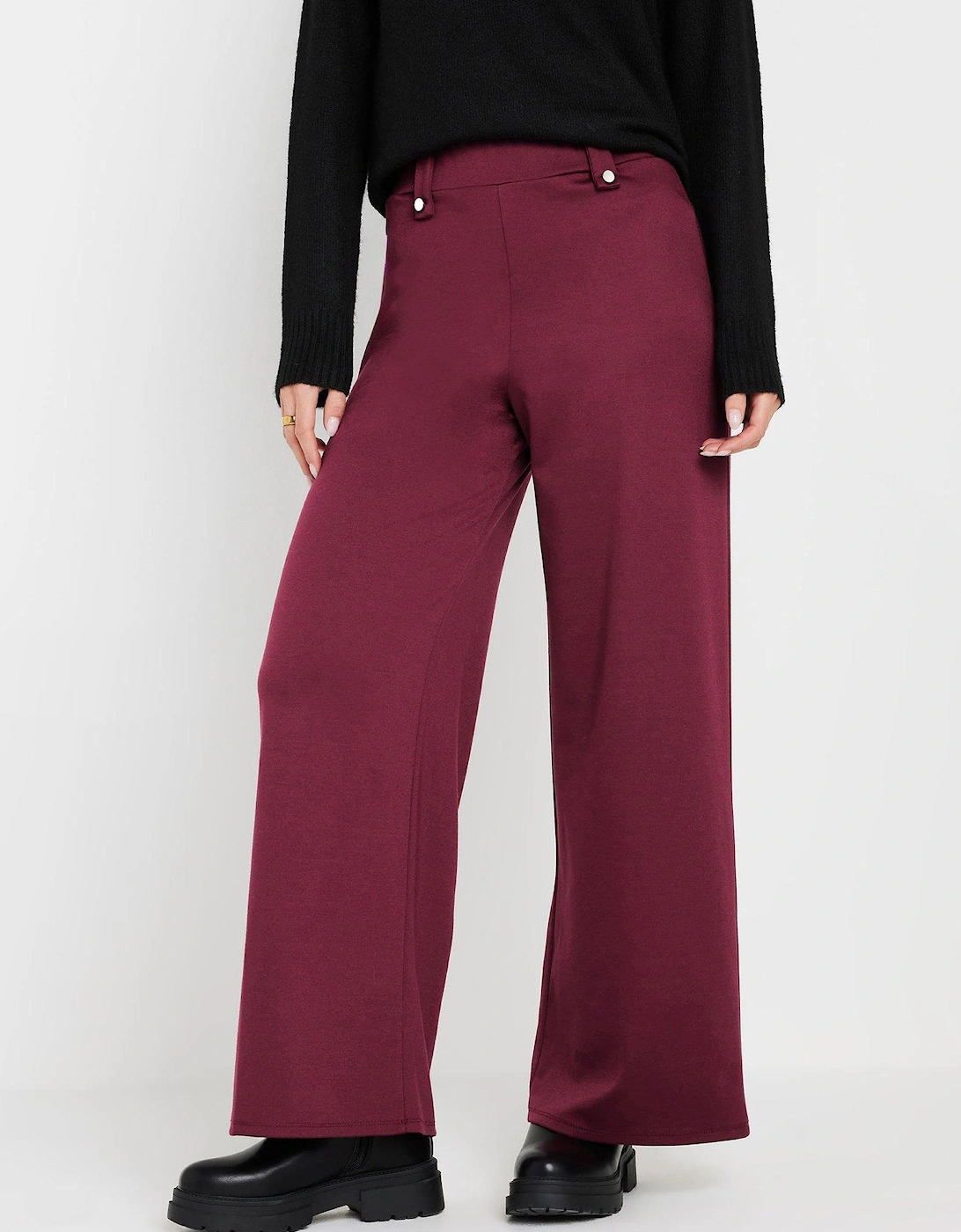 Petite Button Tab Ponte Wide Leg Trousers - Red, 2 of 1