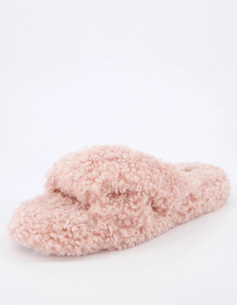 Cross Strap Borg Slider Slipper - Pink