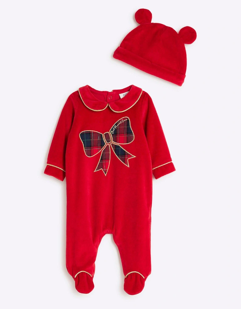 Baby Girls Christmas Bow Collared Sleepsuit Set - - Red