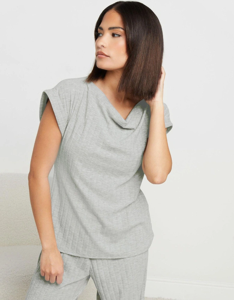 Petite Cowl Neck Ribbed Top - Grey