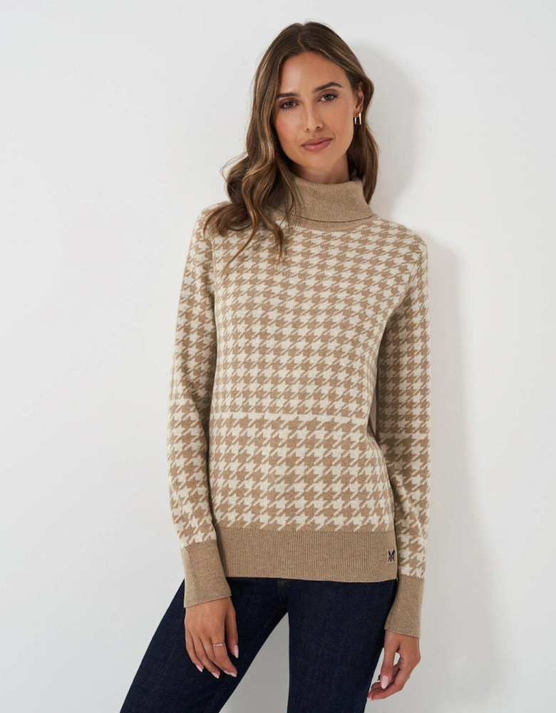 Houndstooth Roll Neck Jumper - Beige