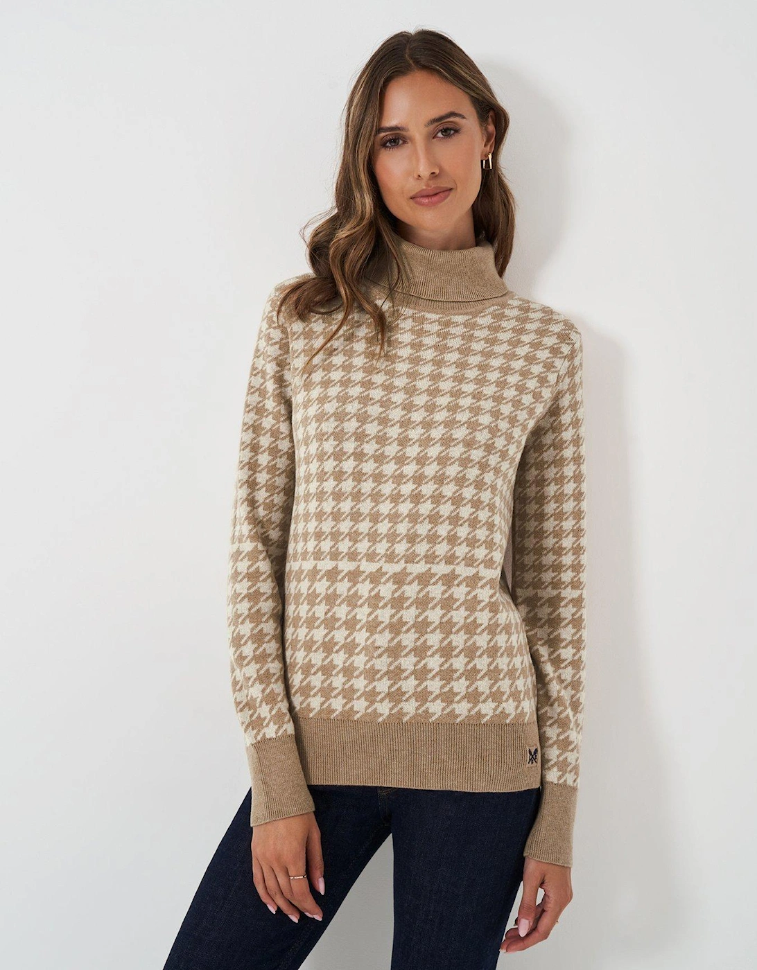 Houndstooth Roll Neck Jumper - Beige, 2 of 1