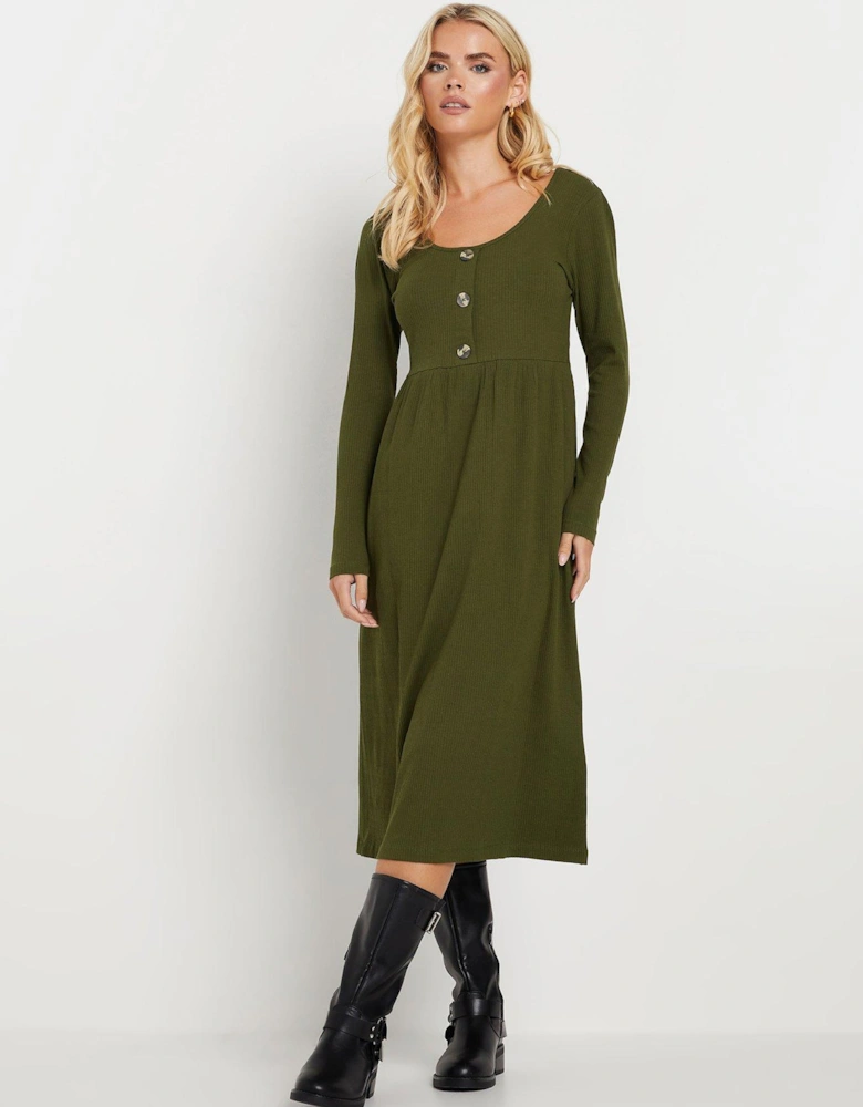 Petite Long Sleeve Rib Button Midi Dress