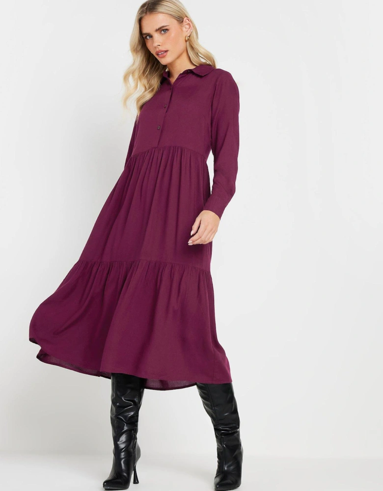 Petite Long Sleeve Smock Button Midi Dress - Red