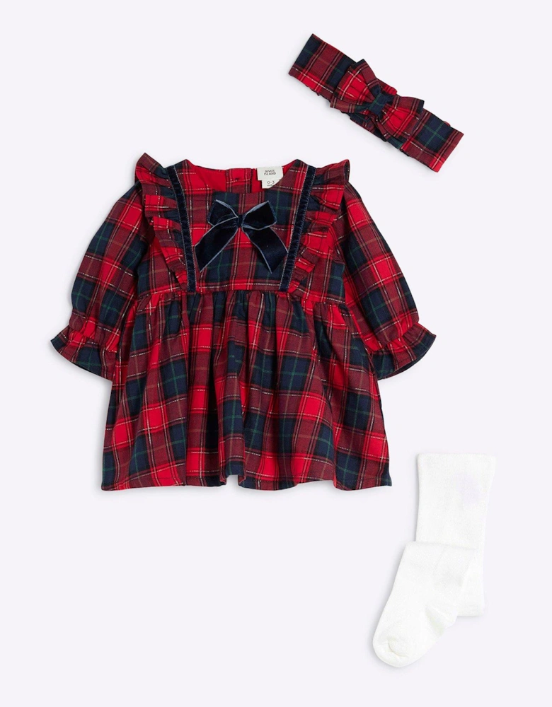 Baby Girls Christmas Check Dress Set With Tights - Red