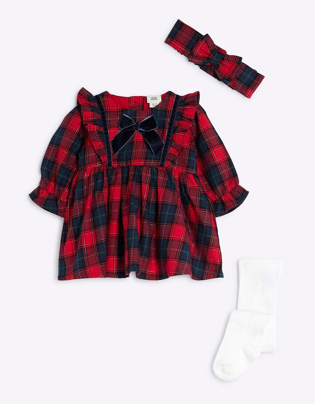 Baby Girls Christmas Check Dress Set With Tights - Red, 5 of 4