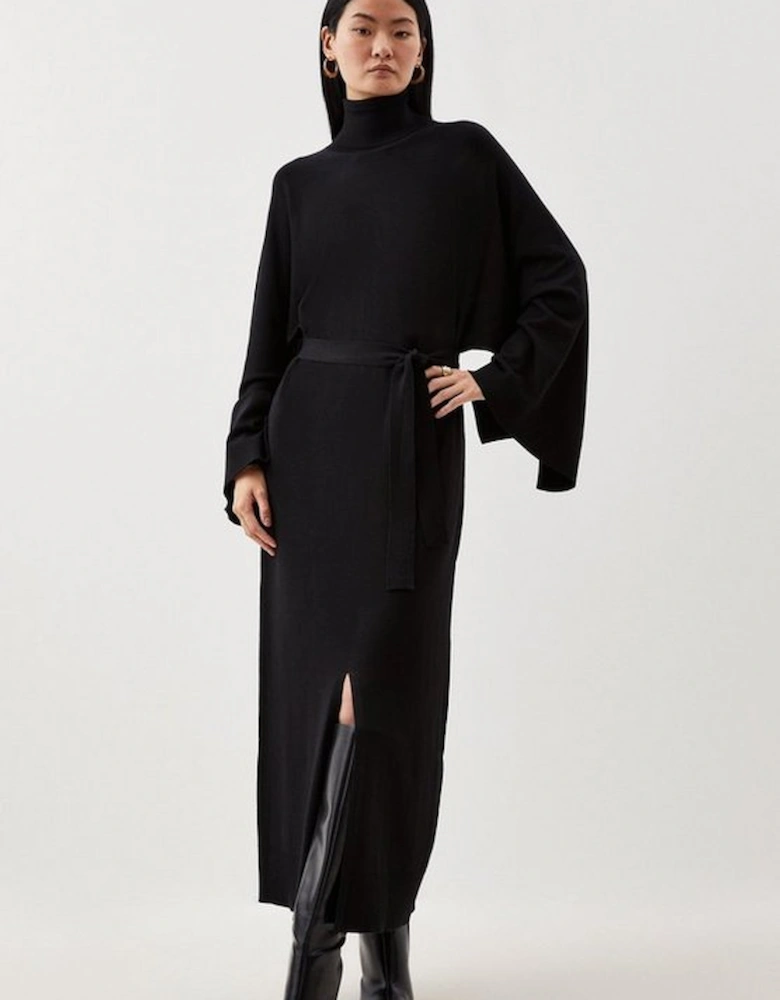 Viscose Blend Funnel Neck Belted Knitted Midi Dress