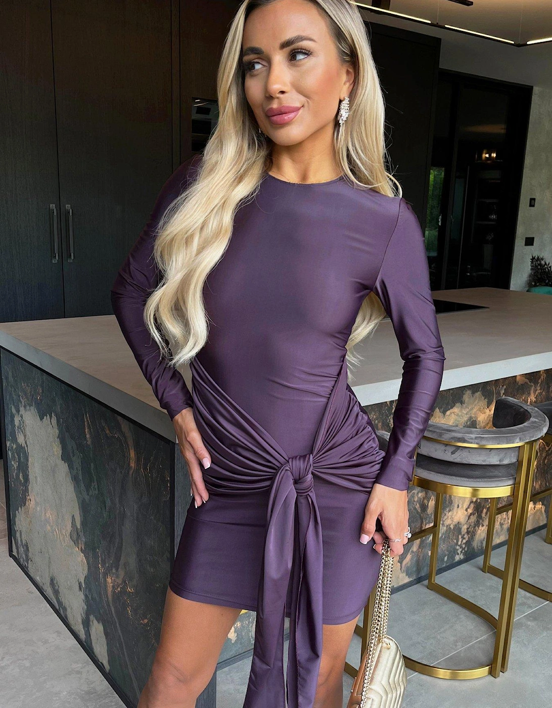 Slinky Long Sleeve Bodycon Mini Dress - Plum - Purple