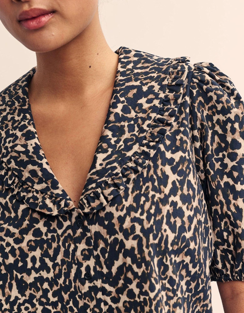 Leopard Print Puff Sleeve V Neck Blouse - Multi