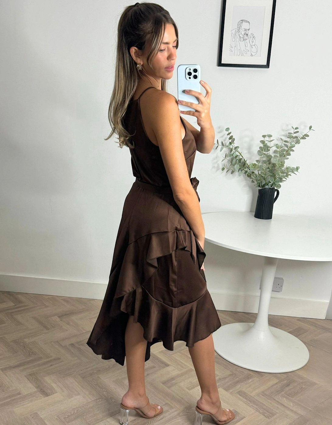 Halter Ruffle Detail Midi Dress - Brown